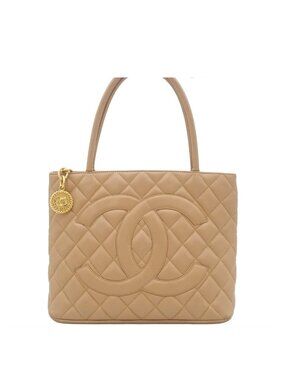 Chanel Reissue Tote Bag Beige Gold Caviar Leather Quilted CC Logo Vintage